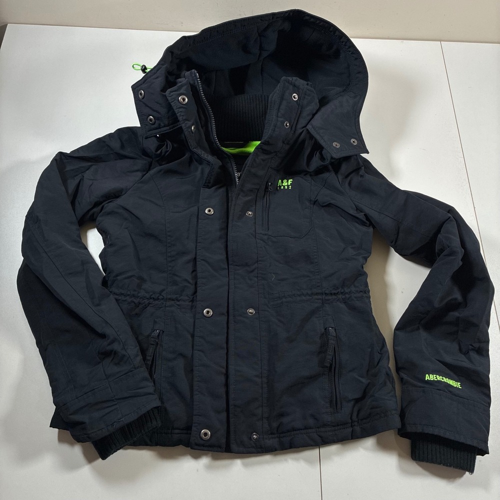 Vintage Y2K Abercrombie Hooded Jacket Women Medium Black Fleece Lined Utility